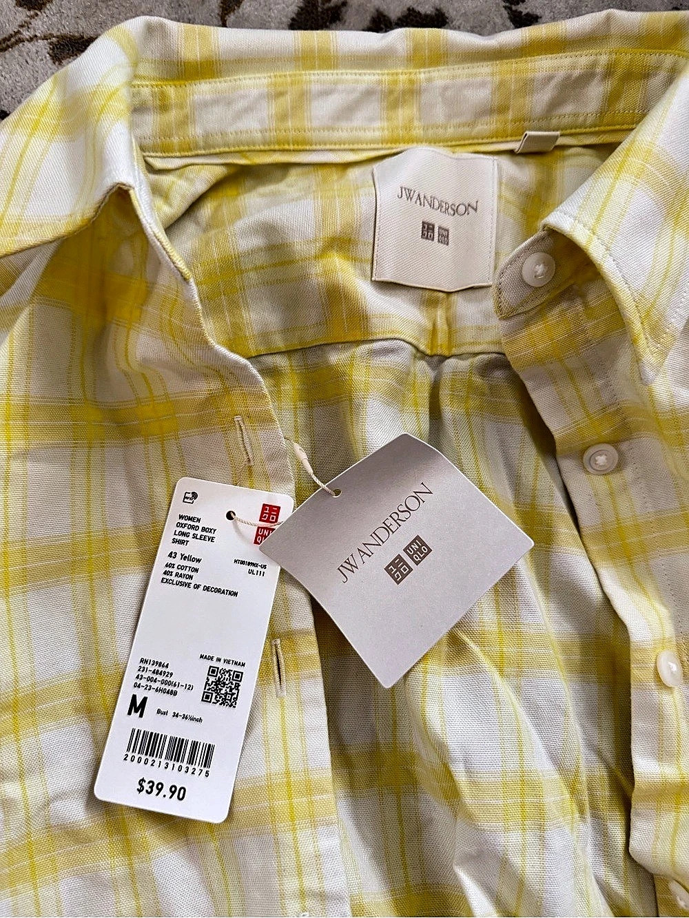 Uniqlo JW Anderson Oxford Boxy Long Sleeve Shirt Plaid Yellow & White Medium